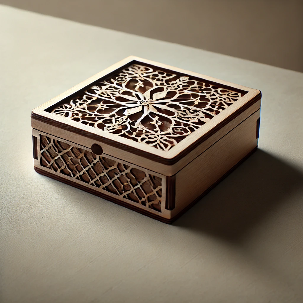 A sleek, high-quality laser-cut wooden gift box in intricate patterns, showcasing the precision and creativity of the design files offered by Lefty Mummy.