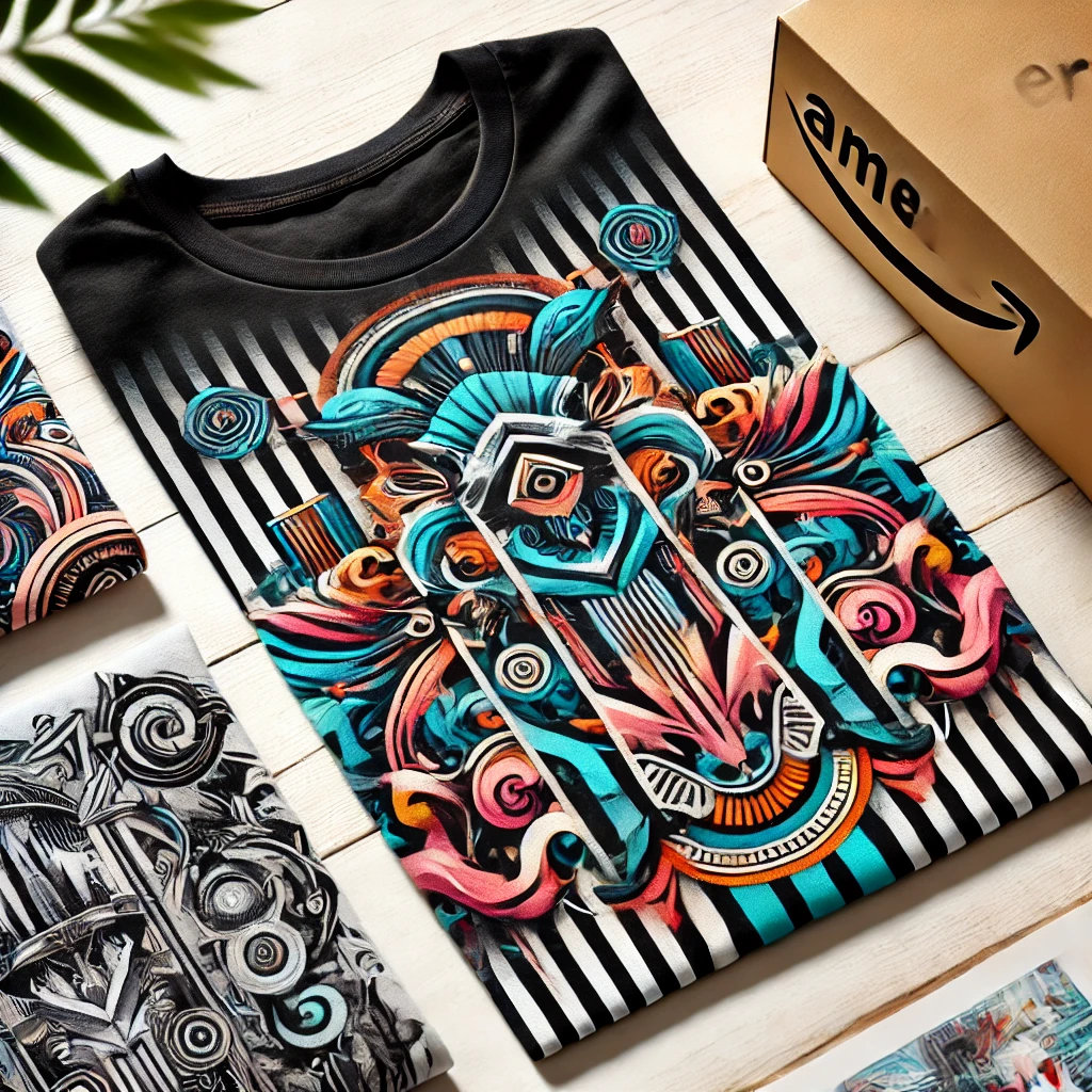 A stylish, custom-printed t-shirt with vibrant graphics, highlighting the exclusive t-shirt designs available on Merch by Amazon from Lefty Mummy.